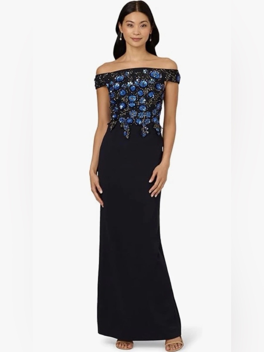 Adrianna Papell Sz 4 Beaded Off-The-Shoulder Column Maxi Dress Formal $279